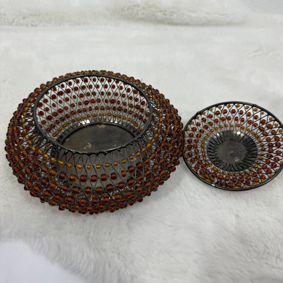 Contemporary arts beaded container with lid amber brown metal - Picture 2 of 8